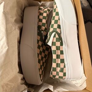 Vans Green and Pink Checkered Slip-Ons